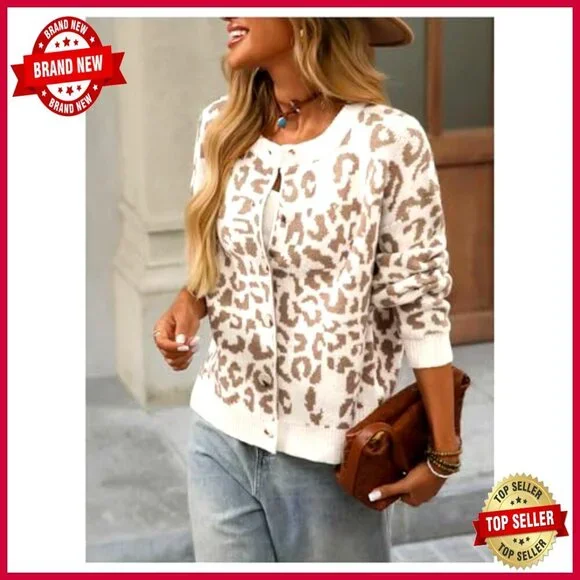 Leopard Print Cardigan Button Down Long Sleeve Crew Neck Sweater Tops - Picture 2 of 5